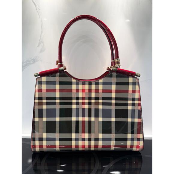 Handbag Shoulder Bag Red Black Beige Plaid Glossy Finish Red Handles0 - Picture 1 of 8